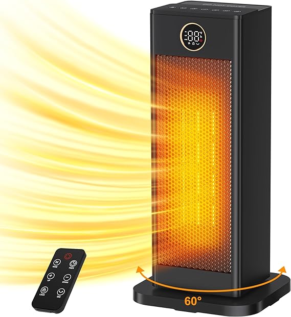 Space Heater,1500W PTC Ceramic Heater with Thermostat, Digital Display, 1-12H Timer, Eco Mode and Fan Mode, 60°Oscillating Electric Heater for Bedroom Home Office
