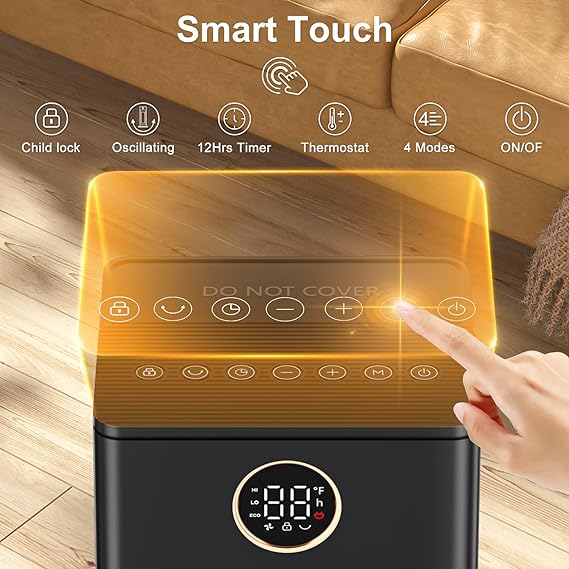 Space Heater,1500W PTC Ceramic Heater with Thermostat, Digital Display, 1-12H Timer, Eco Mode and Fan Mode, 60°Oscillating Electric Heater for Bedroom Home Office