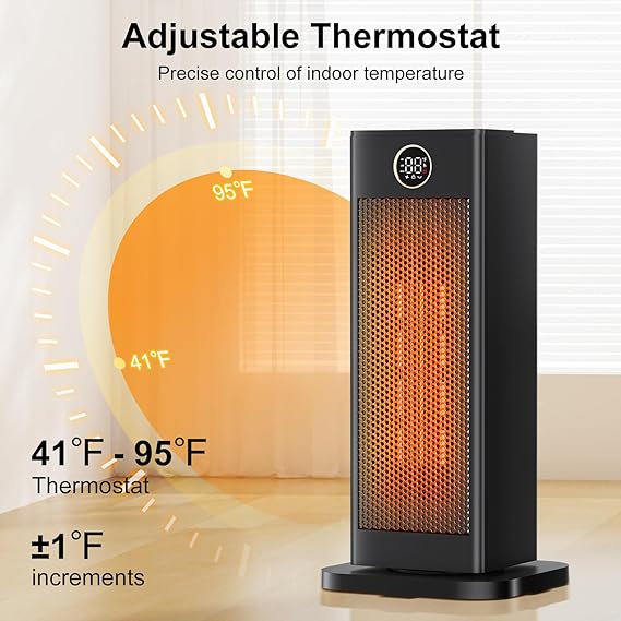 Space Heater,1500W PTC Ceramic Heater with Thermostat, Digital Display, 1-12H Timer, Eco Mode and Fan Mode, 60°Oscillating Electric Heater for Bedroom Home Office