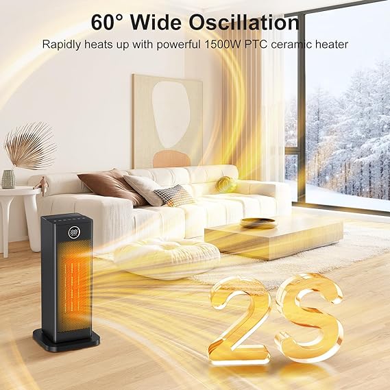 Space Heater,1500W PTC Ceramic Heater with Thermostat, Digital Display, 1-12H Timer, Eco Mode and Fan Mode, 60°Oscillating Electric Heater for Bedroom Home Office