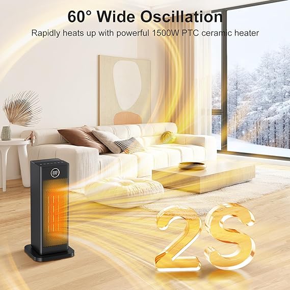 Space Heater，1500W PTC Ceramic Heater with Thermostat, Digital Display, 1-12H Timer, Eco Mode and Fan Mode, 60°Oscillating Electric Heater for Bedroom Home Office